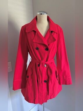 Relativity Women’s Red Trench Coat Lined Button Belted Mid-Length Size L